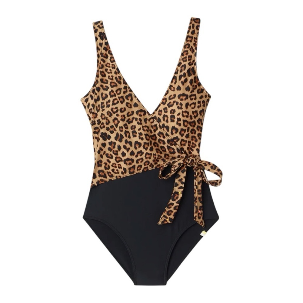summersalt Leopard Wrap One-Piece Swimsuit in Tan, Black